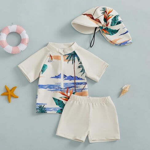 Toddler Baby Boys' 3-Piece Swimsuit Set Short Sleeve Bathing Suit Baby Rash Guard Swimwear with Sun Hat in Saudi Arabia