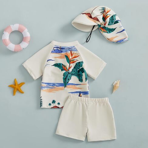Toddler Baby Boys' 3-Piece Swimsuit Set Short Sleeve Bathing Suit Baby Rash Guard Swimwear with Sun Hat in Saudi Arabia