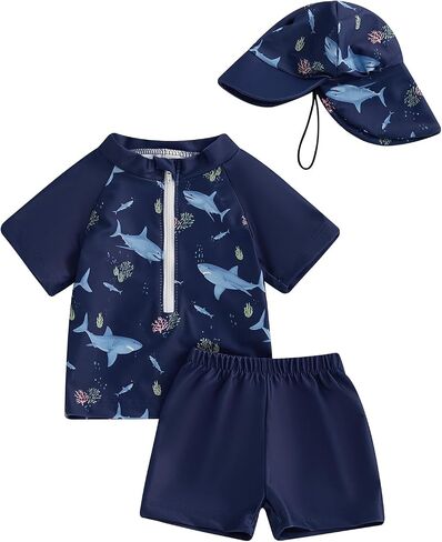Toddler Baby Boys' 3-Piece Swimsuit Set Short Sleeve Bathing Suit Baby Rash Guard Swimwear with Sun Hat in Saudi Arabia