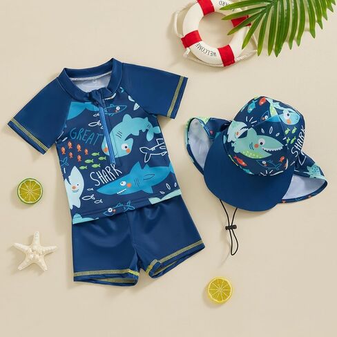 Toddler Baby Boys Two Piece Swimsuit and Hat Cute Shark Swimwear Bathing Suit Rash Guards Infant Beach Swimwear in Saudi Arabia