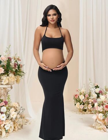 JustVH Women's Maternity Cut Out Backless Bodycon Dress Halter Maxi Photography Pregnancy Dress for Photoshoot Baby Shower in Kuwait