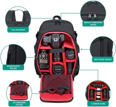 17.3" Camera Backpack Waterproof DSLR Bag - Large Capacity Photography Backpack for Travel, Lightweight Design with 16" Laptop Sleeve & Tripod Holder (Black-Orange) in Kuwait