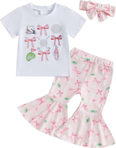 Toddler Baby Girl Golf Outfit Bow Print Short Sleeve T-Shirt Flared Pants Headband 3Pcs Summer Clothes Set in Saudi Arabia