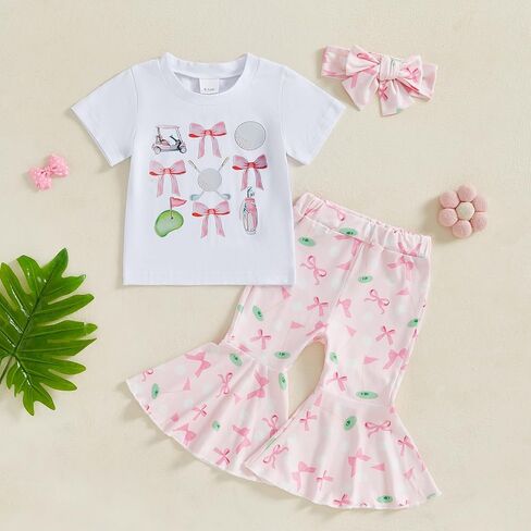 Toddler Baby Girl Golf Outfit Bow Print Short Sleeve T-Shirt Flared Pants Headband 3Pcs Summer Clothes Set in Saudi Arabia