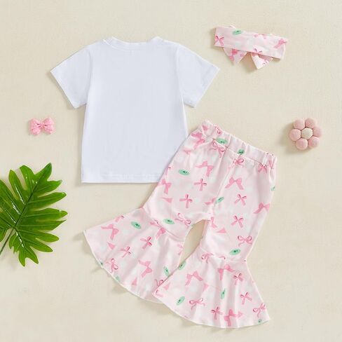 Toddler Baby Girl Golf Outfit Bow Print Short Sleeve T-Shirt Flared Pants Headband 3Pcs Summer Clothes Set in Saudi Arabia