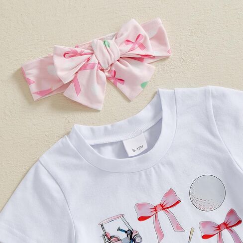 Toddler Baby Girl Golf Outfit Bow Print Short Sleeve T-Shirt Flared Pants Headband 3Pcs Summer Clothes Set in Saudi Arabia