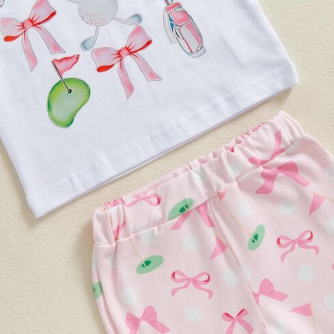 Toddler Baby Girl Golf Outfit Bow Print Short Sleeve T-Shirt Flared Pants Headband 3Pcs Summer Clothes Set in Saudi Arabia