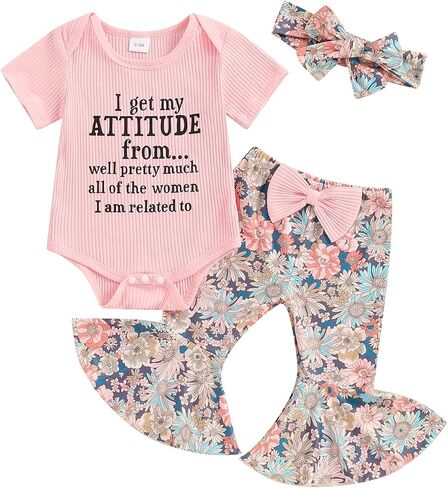 I Get My Attitude From All The Women Toddler Baby Summer Outfit Short Sleeve Romper T-shirt Bell Bottom Clothes Set in Saudi Arabia