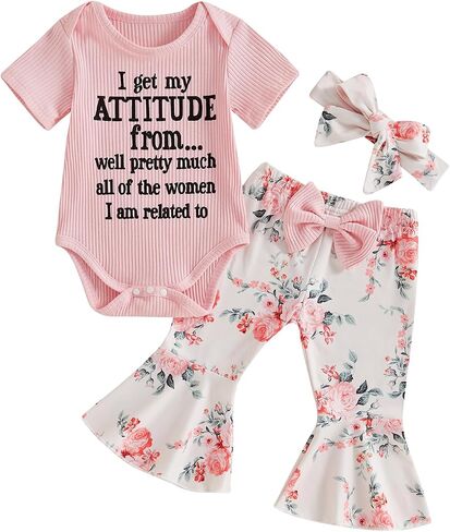 I Get My Attitude From All The Women Toddler Baby Summer Outfit Short Sleeve Romper T-shirt Bell Bottom Clothes Set in Saudi Arabia