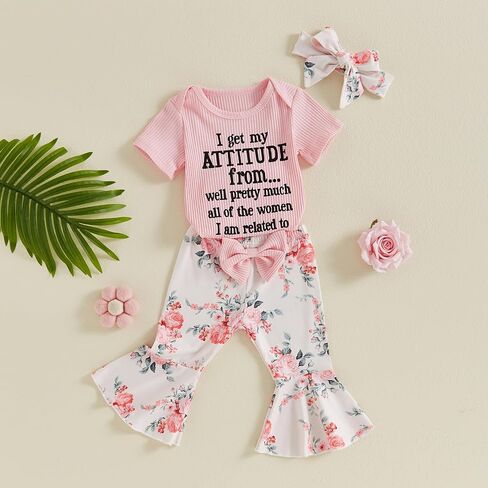 I Get My Attitude From All The Women Toddler Baby Summer Outfit Short Sleeve Romper T-shirt Bell Bottom Clothes Set in Saudi Arabia