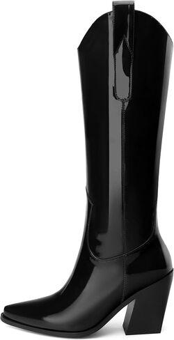 JUSTDANNI Women 's Knee High Cowboy Boots Western Cowgirl Boots with Pointed Toe 3.5-Inch Chunky Stacked Heel Patent Fashion Pull On Long Boots for Party Shopping Dating in Saudi Arabia