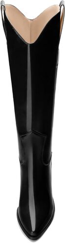 JUSTDANNI Women 's Knee High Cowboy Boots Western Cowgirl Boots with Pointed Toe 3.5-Inch Chunky Stacked Heel Patent Fashion Pull On Long Boots for Party Shopping Dating in Saudi Arabia