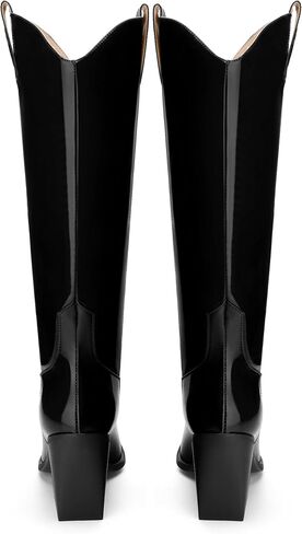 JUSTDANNI Women 's Knee High Cowboy Boots Western Cowgirl Boots with Pointed Toe 3.5-Inch Chunky Stacked Heel Patent Fashion Pull On Long Boots for Party Shopping Dating in Saudi Arabia