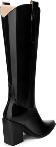 JUSTDANNI Women 's Knee High Cowboy Boots Western Cowgirl Boots with Pointed Toe 3.5-Inch Chunky Stacked Heel Patent Fashion Pull On Long Boots for Party Shopping Dating in Saudi Arabia