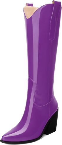JUSTDANNI Women 's Knee High Cowboy Boots Western Cowgirl Boots with Pointed Toe 3.5-Inch Chunky Stacked Heel Patent Fashion Pull On Long Boots for Party Shopping Dating in Saudi Arabia