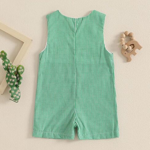 Newborn Baby Boy Girl Easter Outfit Farm Animals Embroidery Sleeveless Plaid Romper Bunny Smocked Bodysuit Jumpsuit in Kuwait