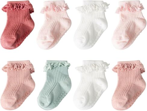 Baby Girl Toddlers Socks with Non-slip Grip Cute Frilly Ruffle Ankle Soft Cotton Newborn Baby Socks for Infant Kids in Saudi Arabia