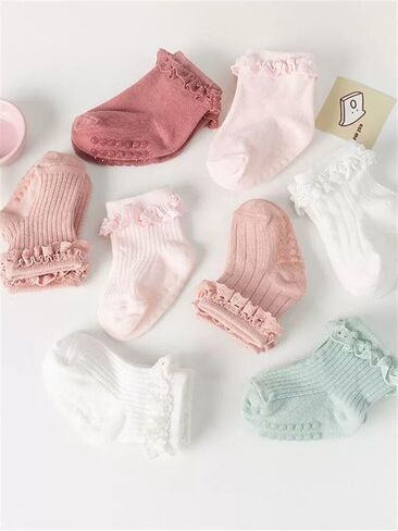 Baby Girl Toddlers Socks with Non-slip Grip Cute Frilly Ruffle Ankle Soft Cotton Newborn Baby Socks for Infant Kids in Saudi Arabia