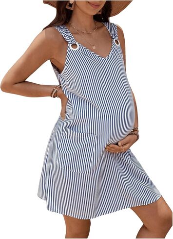 OYOANGLE Women's Maternity Striped Print Dress V Neck Sleeveless Casual Pregnancy Short Tank Dresses with Pockets in Saudi Arabia