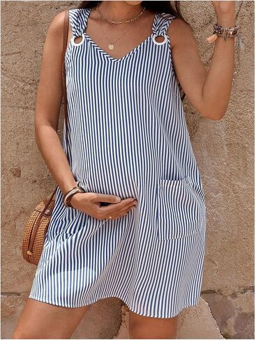 OYOANGLE Women's Maternity Striped Print Dress V Neck Sleeveless Casual Pregnancy Short Tank Dresses with Pockets in Saudi Arabia