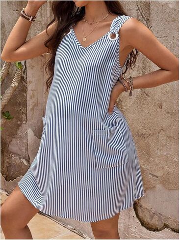 OYOANGLE Women's Maternity Striped Print Dress V Neck Sleeveless Casual Pregnancy Short Tank Dresses with Pockets in Saudi Arabia