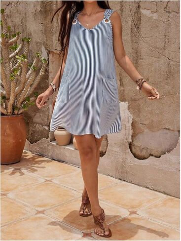 OYOANGLE Women's Maternity Striped Print Dress V Neck Sleeveless Casual Pregnancy Short Tank Dresses with Pockets in Saudi Arabia