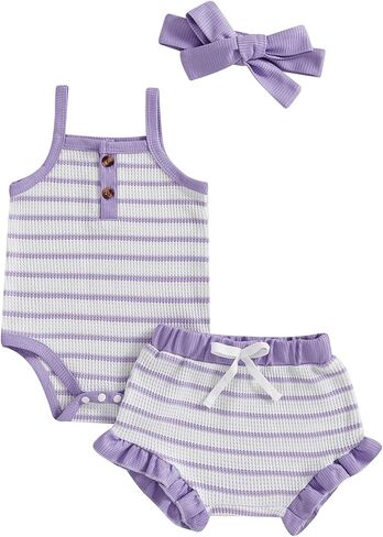 MERSARIPHY Newborn Baby Girls Summer Outfit Striped Waffle Knit Sleeveless Romper Shorts Headband 3Pcs Infant Clothes Set in Saudi Arabia