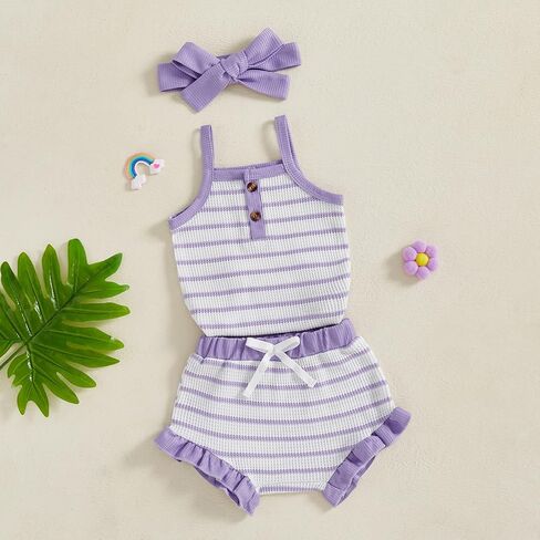 MERSARIPHY Newborn Baby Girls Summer Outfit Striped Waffle Knit Sleeveless Romper Shorts Headband 3Pcs Infant Clothes Set in Saudi Arabia