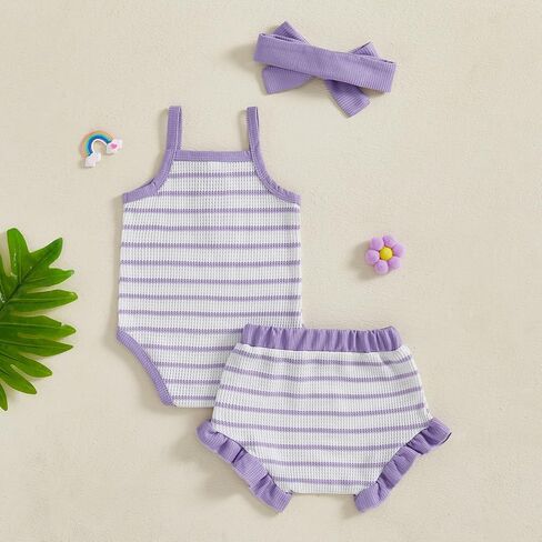 MERSARIPHY Newborn Baby Girls Summer Outfit Striped Waffle Knit Sleeveless Romper Shorts Headband 3Pcs Infant Clothes Set in Saudi Arabia