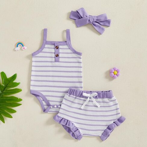 MERSARIPHY Newborn Baby Girls Summer Outfit Striped Waffle Knit Sleeveless Romper Shorts Headband 3Pcs Infant Clothes Set in Saudi Arabia