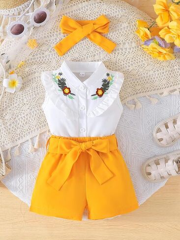 SUREPOCH Baby Girl Clothes Toddler Summer Embroidery Short Shirt Pant Girl Outfit Sleeveless Top Clothes Set in Saudi Arabia