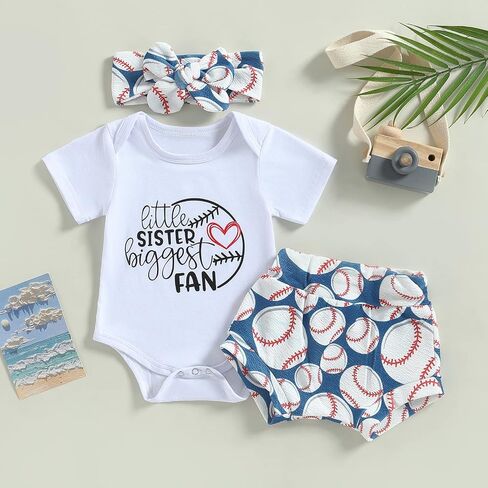 Baby Girl Baseball Outfit Little Sister Biggest Fan Romper Baseball Bloomer Headband 3Pcs Summer Clothes in Saudi Arabia