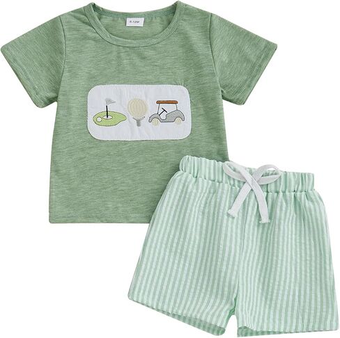 Toddler Baby Boy Summer Outfits Short Sleeve Embroidered T Shirt Tees + Striped/Plaid Shorts Infant Clothes Set in Saudi Arabia