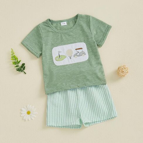 Toddler Baby Boy Summer Outfits Short Sleeve Embroidered T Shirt Tees + Striped/Plaid Shorts Infant Clothes Set in Saudi Arabia