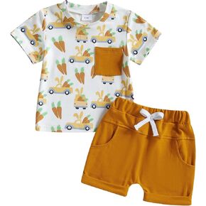 Toddler Baby Boy Easter Outfit Bunny Carrot Short Sleeve T-Shirt Elastic Waist Shorts Set Infant Summer Clothes