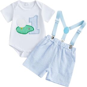 Baby Boy First Birthday Outfit 1 GOLF Short Sleeve Romper Suspender Striped Shorts One Year Old Birthday Clothes