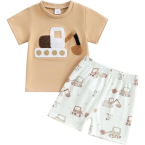 fhutpw Toddler Baby Boy Summer Clothes Embroidery T-Shirt Casual Shorts Sets Infant Truck Excavator Dinosaur Pattern Outfits