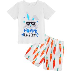 Toddler Boy Easter Outfit Happy Easter Eggs Rabbit Pattern Short Sleeves Shirt Shorts 2pcs