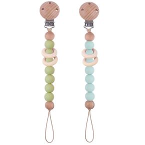 2Pcs Wood Silicone Pacifier Clip Baby Pacifier Holder Binky Clips for Baby Girl and Boys(Blue)
