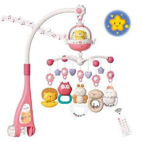 Baby Crib Mobile with Music and Light, Projector Function ＆ Remote Control, Musical Nursery Hanging Mobile for Infants Newborn Gift 0-12 Months, Babies Bassinet Mobile Clip On(Red)