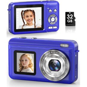 Digital Camera, Real 2.7K Dual-Screen Digital Camera for Photography Auto-Focus Vlogging Camera for YouTube Video 16x Zoom 32GB SD Card Anti Shake Compact Camera for Student Teen Boys Girls Kids
