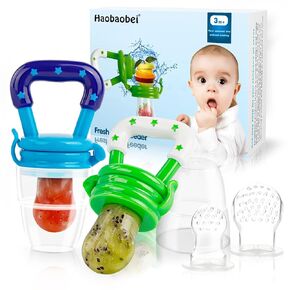 Baby Fruit Feeder by HAOBAOBEI, Frozen Teething Toys for Babies, Fruit Pacifier Feeder with 4 Sizes Silicone Pouches, Eating Essentials, BPA Free Feeding Supplies -2 Pack (Pink Yellow)