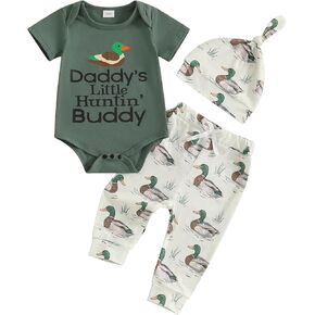 Omkzanbi Baby Boy Hunting Clothes Daddy's Little Hunting Buddy Bodysuit Mallard Duck Jogger Pants Hat 3Pcs Coming Home Outfit