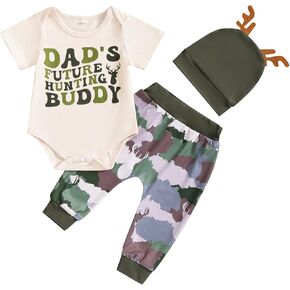 Newborn Baby Boy Summer Outfit Letter Deer Hunting Short Sleeve Romper Camouflage Pants Antler Hat 3Pc Clothes Set