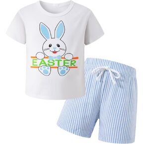 bakjuno Toddler Baby Boys Girls First Easter Outfits Bunny Pattern Suspender Romper Blue Stripes Pants Easter Clothes Sets