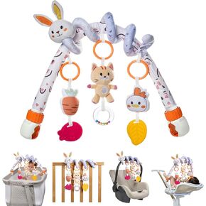 TUMAMA 2 in 1 Spiral Car Seat Toys for Babies 0-6 Months, Stroller Toys for Infant 0-6 Months Arch Hanging Toys with Clip Adjustable Detachable Sensory Travel Crib Bouncer Bassinet Activity Toys