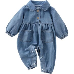 Unisex Newborn Baby Denim Outfit Button Up Shirt with Oversized Lapel Long Sleeve Bubble Romper