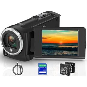 كاميرا فيديو كاميرا فيديو ، QHD 2.7K Camcorder 50MP 16x كاميرا فيديو رقمية لـ YouTube ، و 270 درجة شاشة التناوب ، مسجل فيديو ، مسجل مدونة مدونة مع بطاقة 32 جيجابايت وبطاريتين