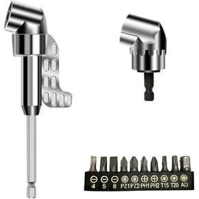105 Degree Right Angle Drill Adapter Attachment Kit - 2PCS Drill Adapter (Long+Short) with 10PC 25mm Screw Bits| 1/4" Hex Shank Angled Screwdriver Tool for Tight Spaces| Universal Drill Adapters Set