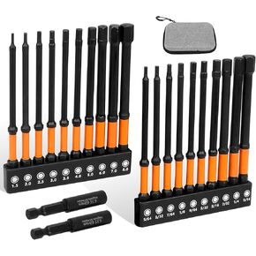 Impact 4" Long Allen Wrench Drill Bit Set Hex 20pcs (Metric&SAE), 1/4’’ Hex Shank S2 Steel Bit Set, CNC Machined Tips with Extension Socket and Storage Bag